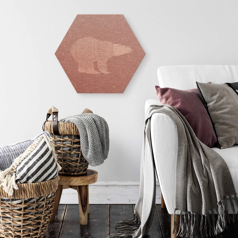 Hexagon - Alu-Dibond-Kupfereffekt Polarbär Weiß 