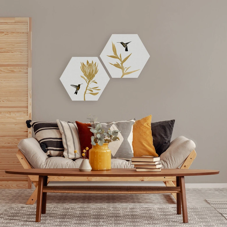 Hexagon - Alu-Dibond Orara Studio - Hummingbird and Flower - goldene Blume 
