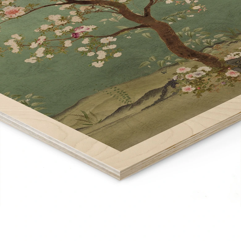 Holzbild Kraniche in floraler Landschaft - Bloomery Decor 