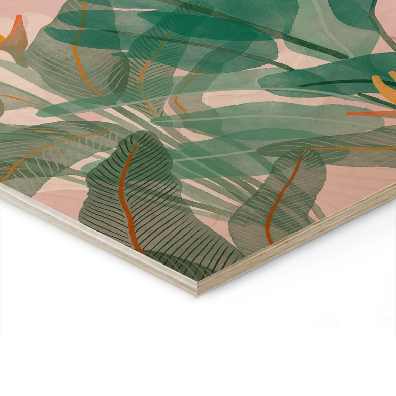 Holzbild Botanische Illustration in Grün und Rosa - Goed Blauw 