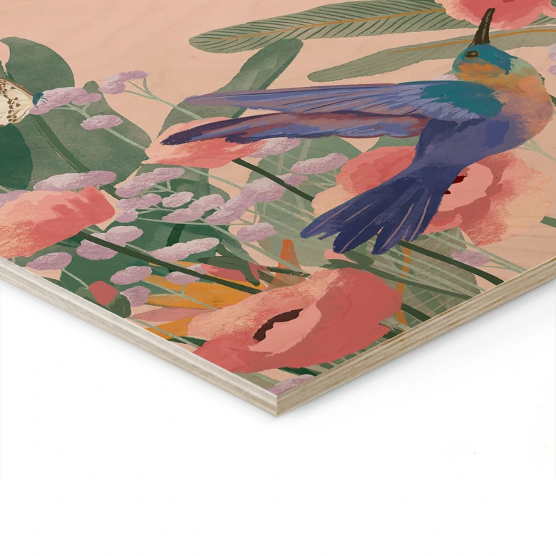 Cuadro de madera Naturaleza Dos colibríes en el prado de flores de colores - Goed Blauw 