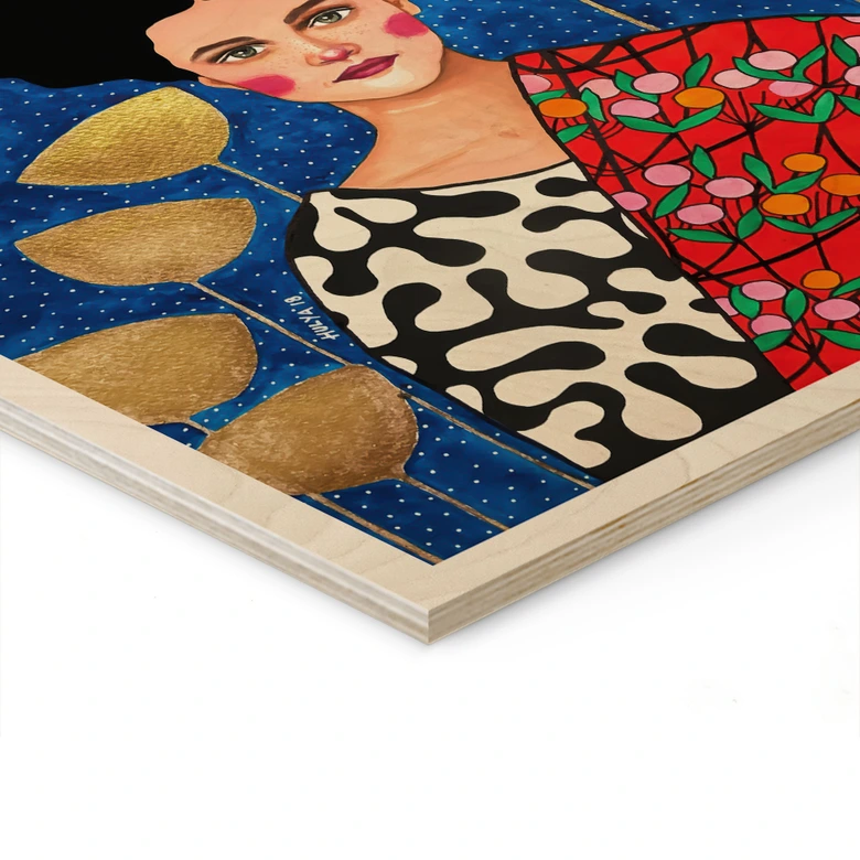 Holzbild Frau im Feld mit goldenen Blättern - Hülya 