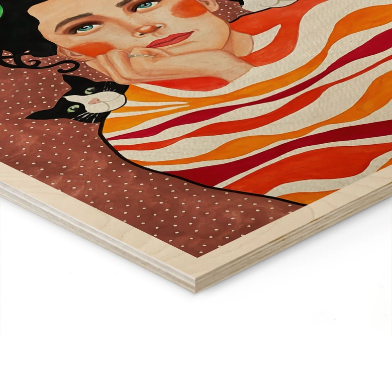 Holzbild Frau mit Blumenkrone und Katzen - Hülya 