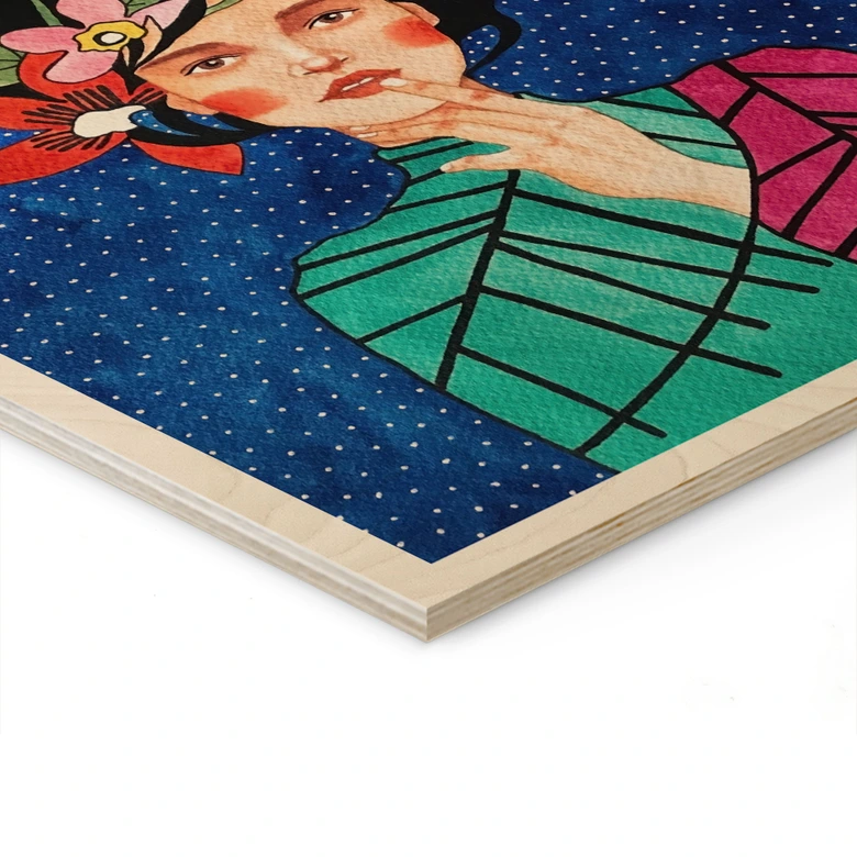 Wood Print Woman with hummingbird in the starry night - Hülya 