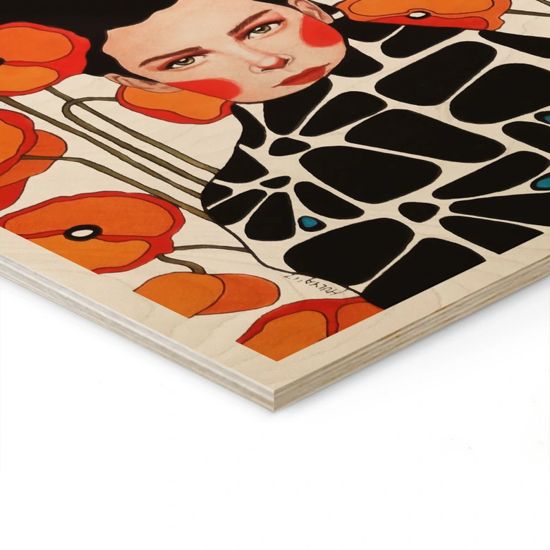 Holzbild Frau mit Retro-Mohnblumen - Hülya 