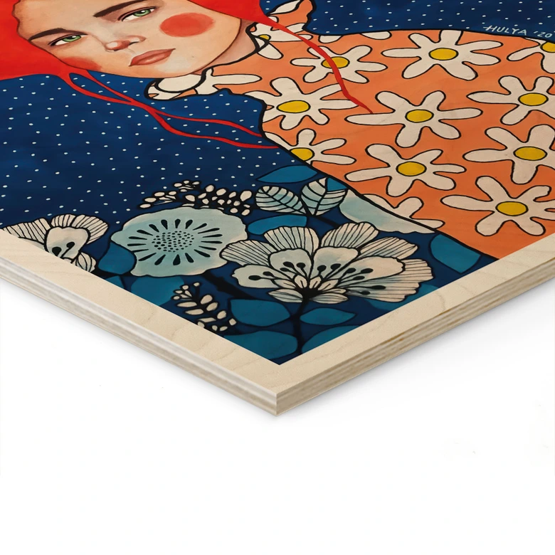 Holzbild Frau mit rotem Haar und Blüten - Hülya 