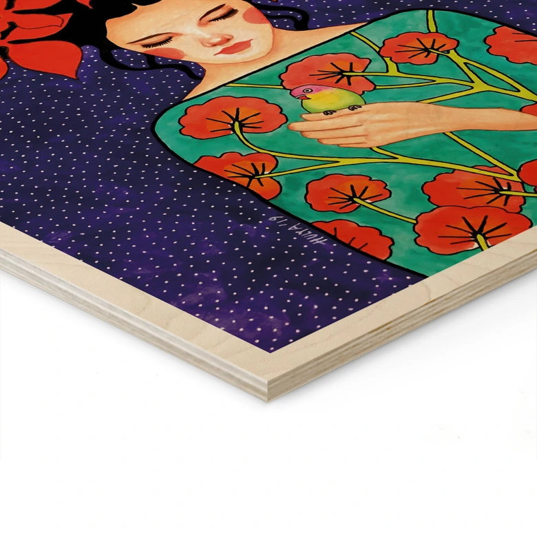 Holzbild Frau mit roter Blütenkrone und Vogel - Hülya 