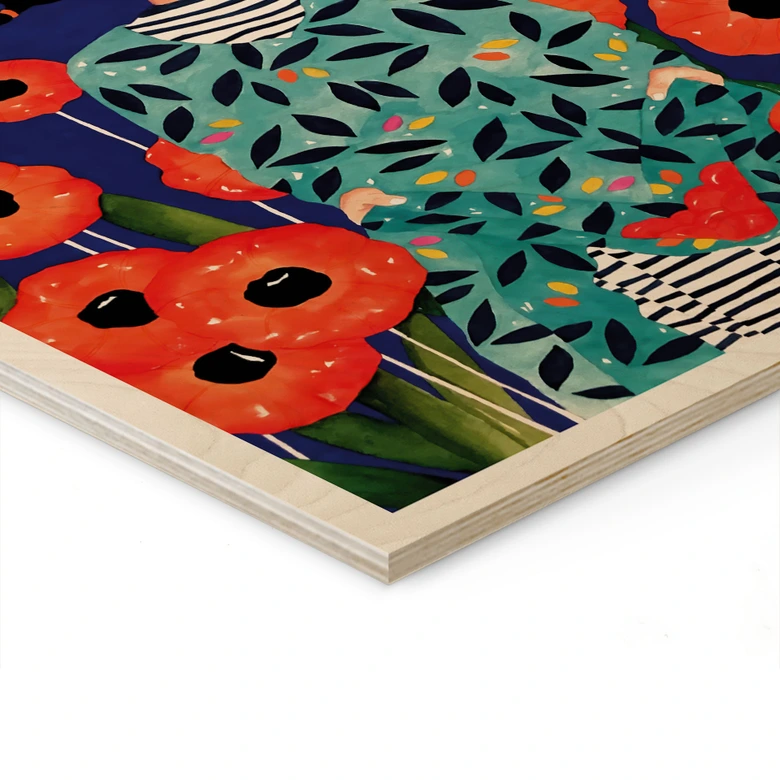 Holzbild Porträt im Mohnblumenfeld - Hülya 