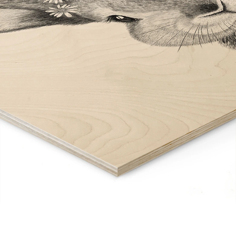 Holzbild Niedlicher Hase mit Kamillenblumen - Korenkova 