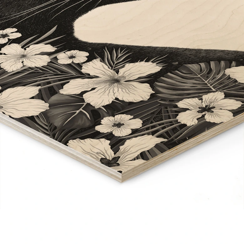 Cuadro de madera pantera negra con flores blancas - Korenkova 