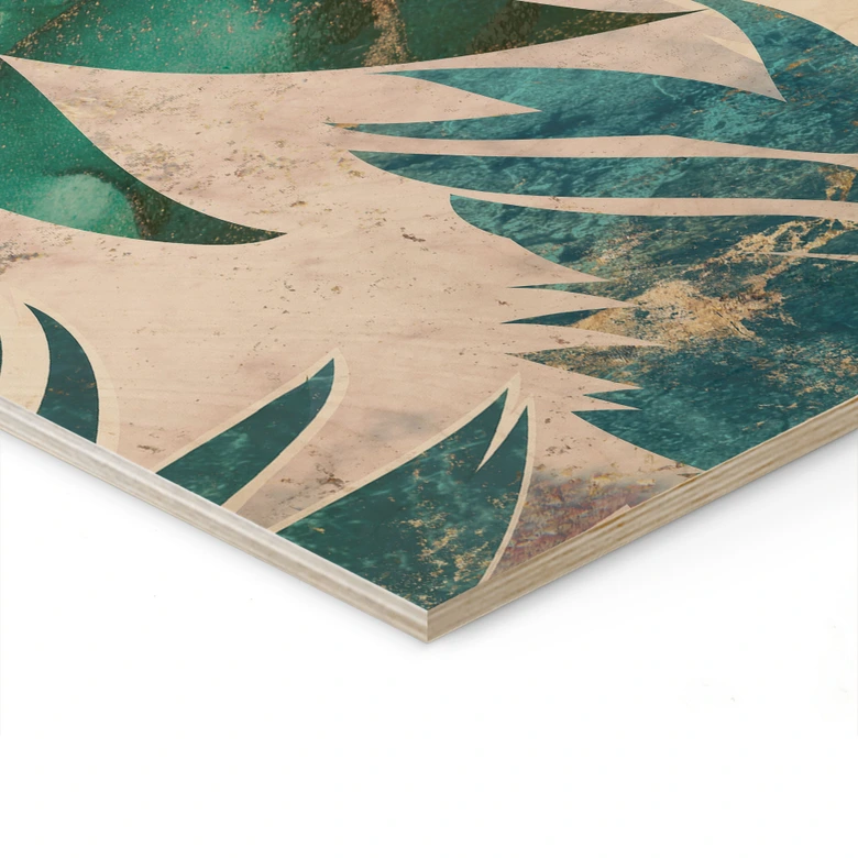 Holzbild Exotische Palmenblätter in Gold-grün - Manovski 