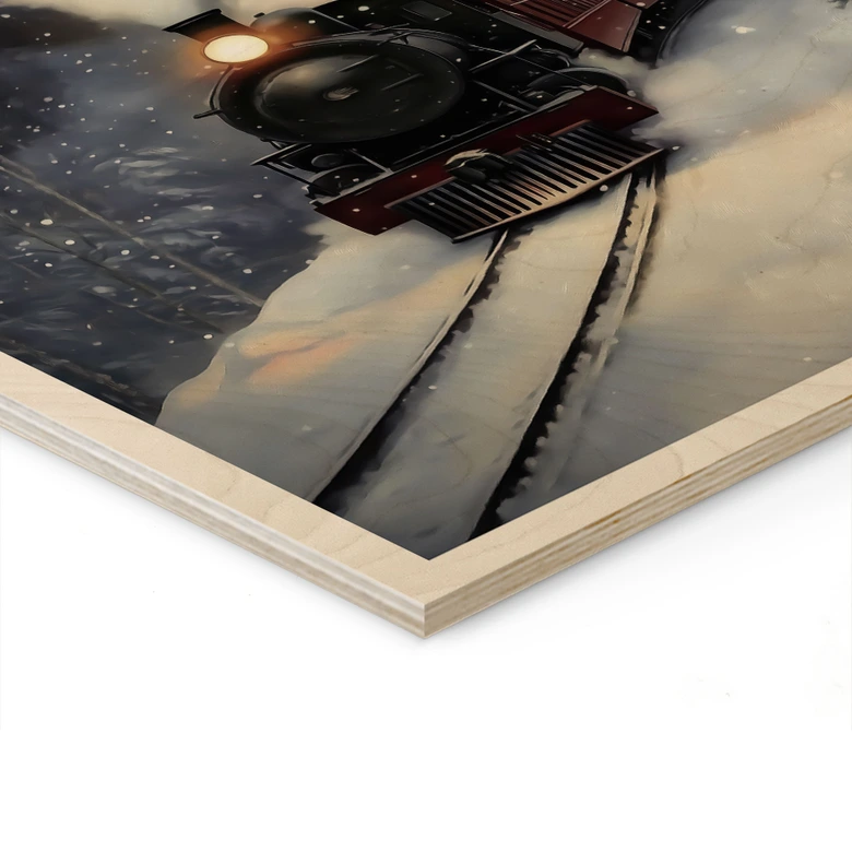 Holzbild Dampflok im verschneiten Wald - Melloi Art Prints 