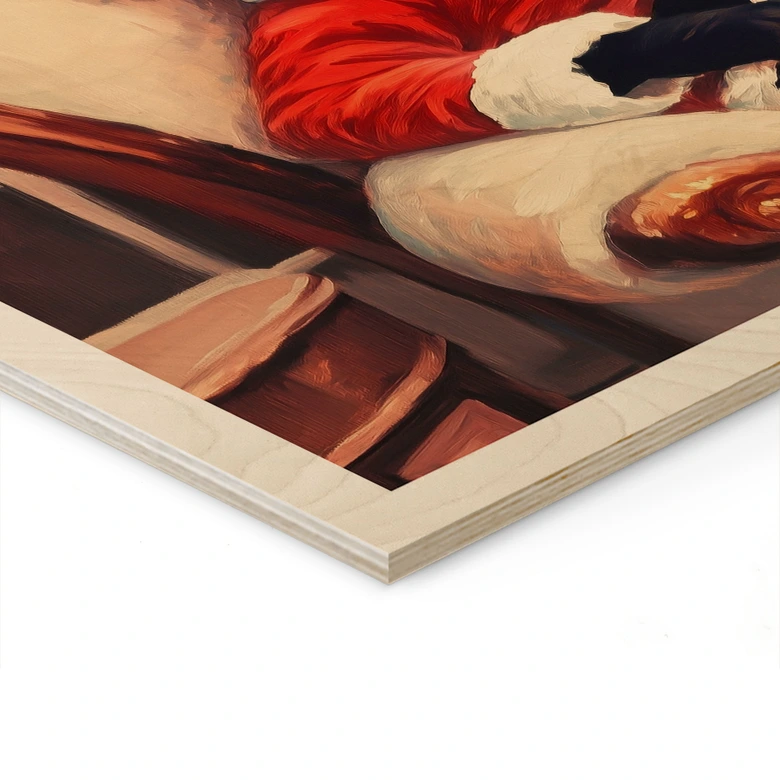 Holzbild Weihnachtskatze mit Wein - Melloi Art Prints 