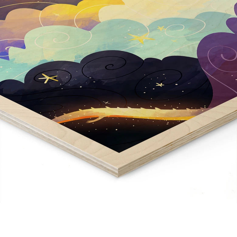 Houten Wanddecoratie van een vlieger vliegend door sterrenwolken - DigitalArtsi 