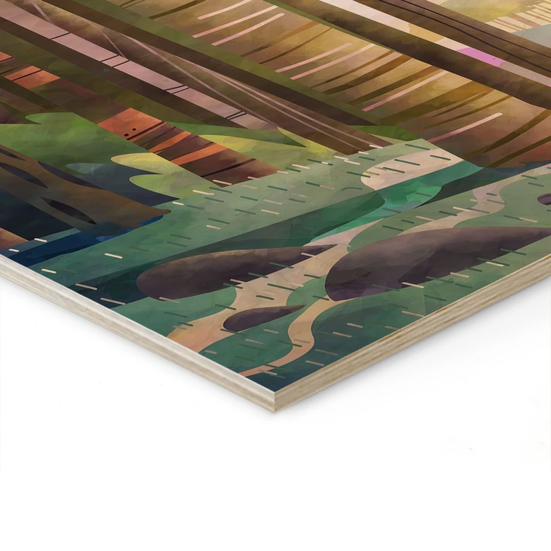 Holzbild Sonniger Wald mit Hirsch - DigitalArtsi 