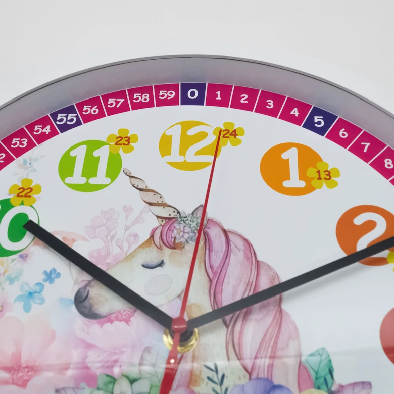 Wanduhr Kinder mit Einhorn und Blumen | rund | Ø30 cm 