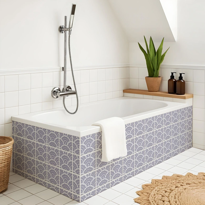 Fliesenaufkleber Geometrische Bögen mit floralem Muster in blau - 12er Set 