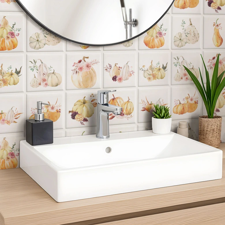 Fliesenaufkleber Watercolor - Kürbis mit Blumen - 12er Set 