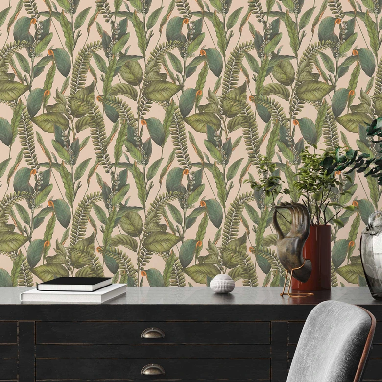 jungle tapet creme grøn - non-woven tapet blomstret med blade og blomster 