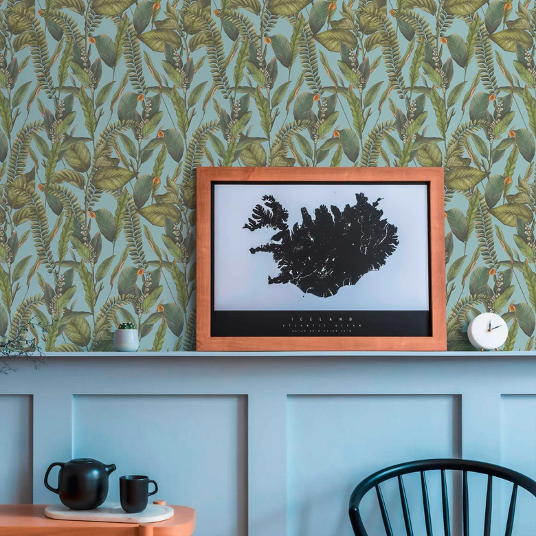 Papel pintado Jungla azul verde - Papel pintado no tejido floral con hojas y flores 