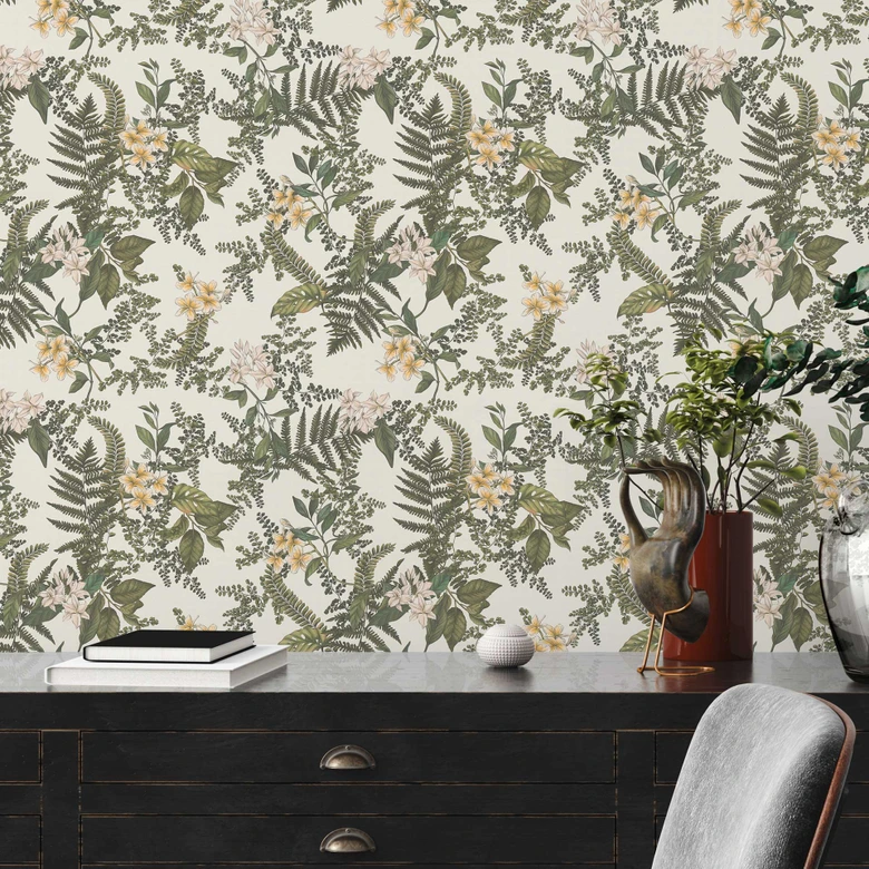 Pflanzen-Tapete mit Blüten Grau Grün - Vliestapete mit Blumen floral 