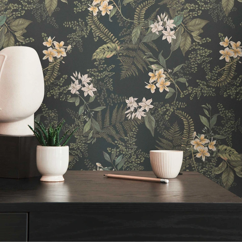 Pflanzen-Tapete mit Blüten Schwarz Grün - Vliestapete mit Blumen floral 