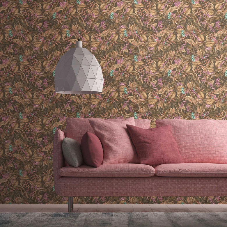 Tapet med djungelmotiv brun beige - non-woven tapet med blommor i blått lila 