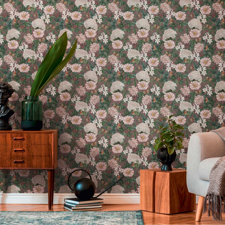 Blumen-Tapete mit Schmetterlingen Rot Grün - Vliestapete mit hellen Blüten 