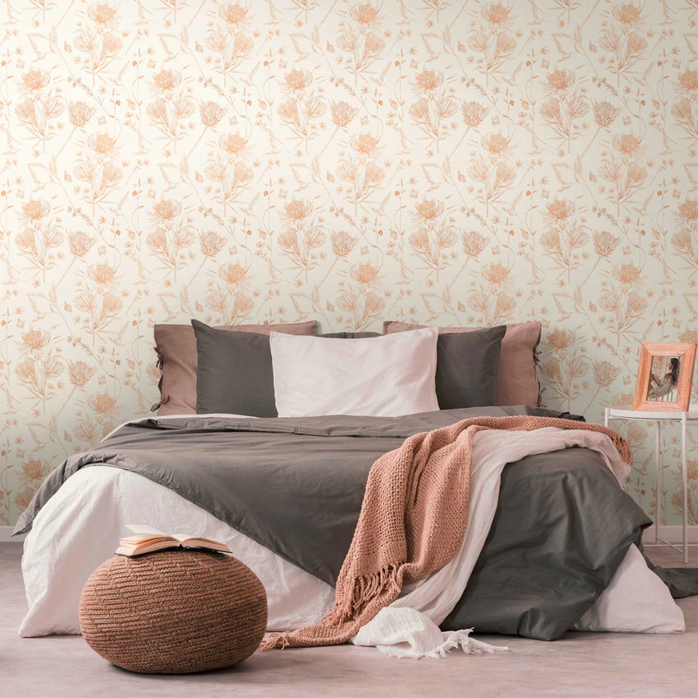 Tapete mit gezeichneten Blüten Weiß Beige - Vliestapete floral mit Blumen 