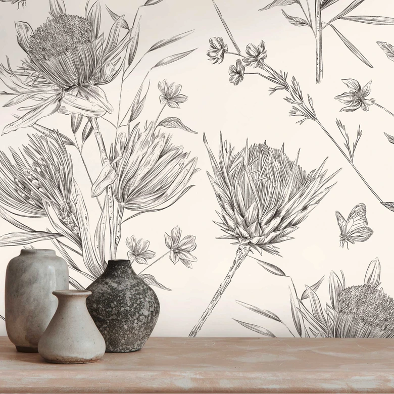 Tapete mit gezeichneten Blüten Weiß Schwarz - Vliestapete floral mit Blumen 