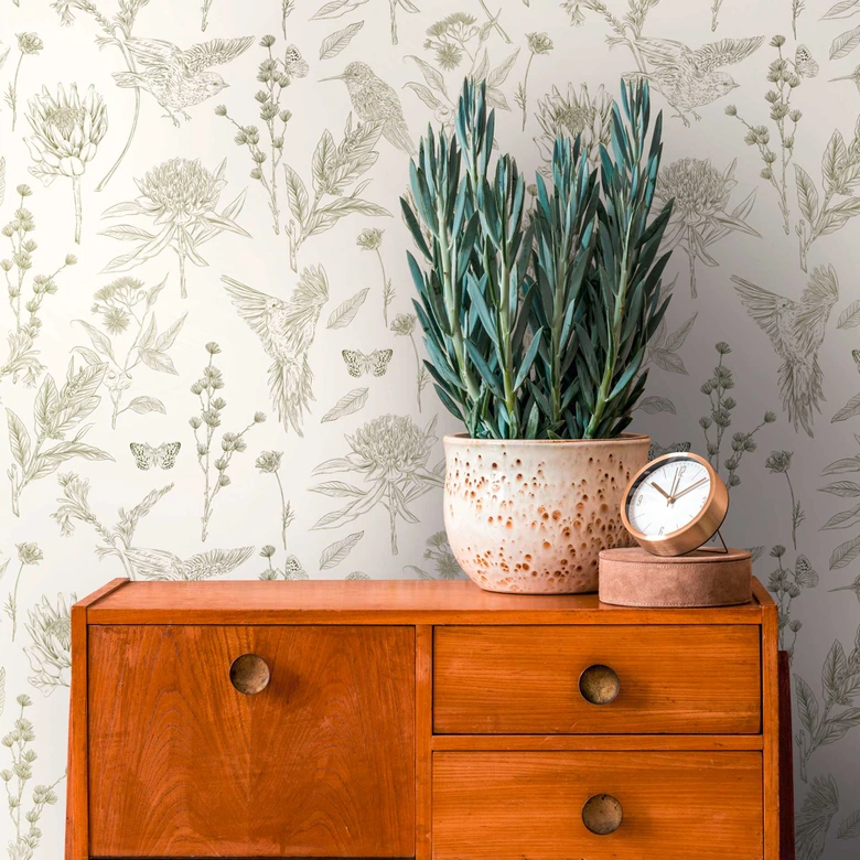 Vliestapete mit Blumen und Vögeln Weiß Grün - Tapete floral im Zeichen-Stil 