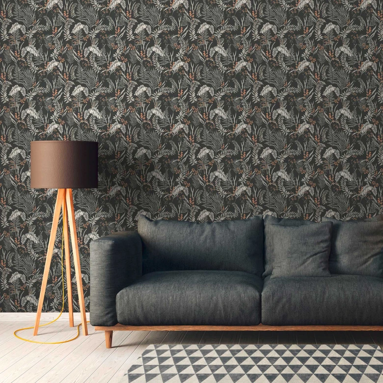 Dschungel-Mustertapete mit Gräsern Schwarz-Weiß - Tapete mit Blüten orange 