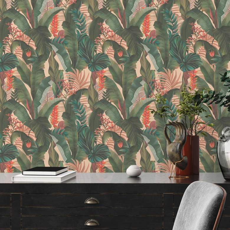 palmblad behang beige groen - bloemen vliesbehang jungle motief 