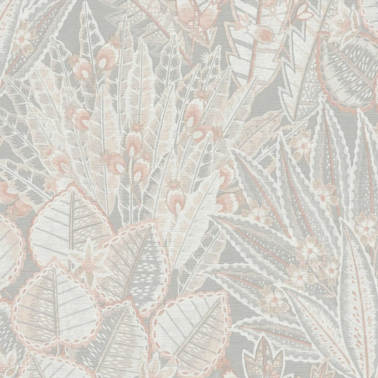 Naturinspirierte Vliestapete in Erdtönen - Botanisches Muster in Creme Beige Grau 