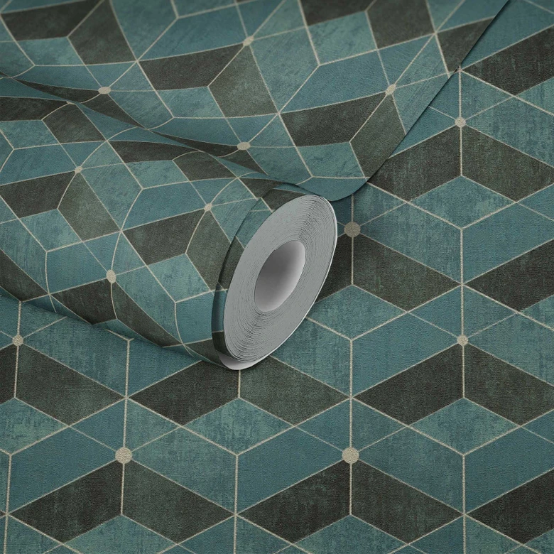 Livingwalls 3D Tapete Titanium 3 Vliestapete geometrisch grün, gold, schwarz 