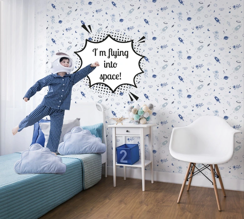Kindertapete, Vliestapete mit Illustration Kids Walls weiß, blau 