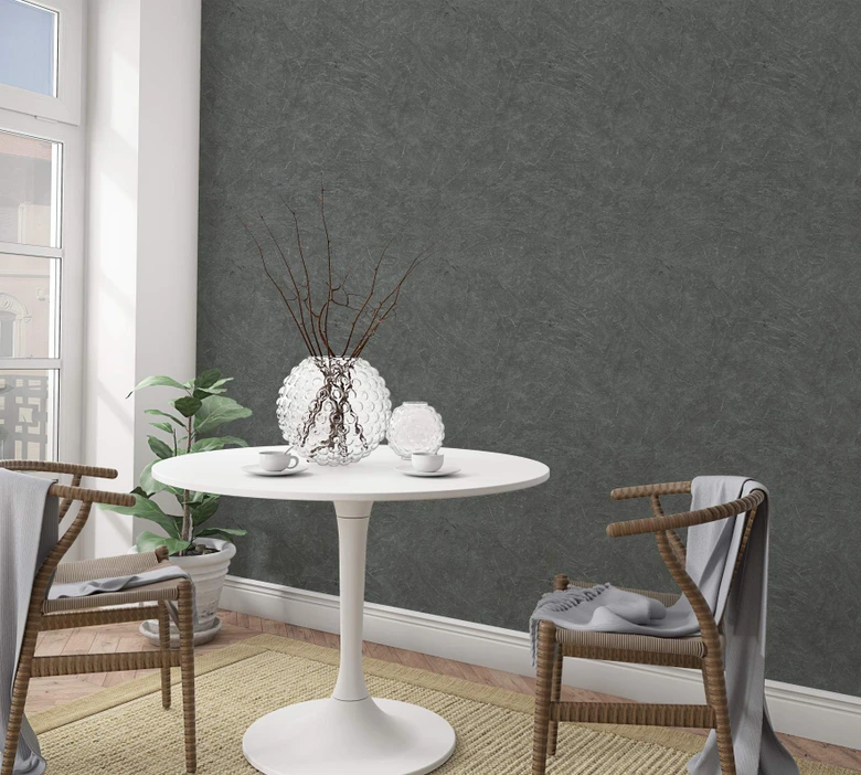 Papier peint intissé aspect essuyé anthracite, argent structuré 