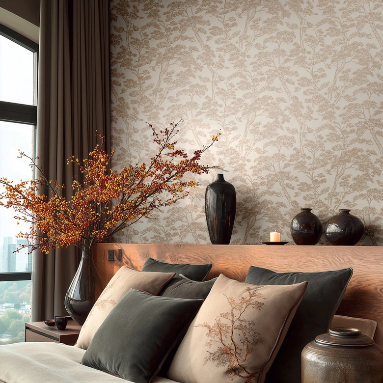 Papel pintado no tejido Lin Zen Branches beige blanco con ramas asiatico - arboles marrones papel pintado bosque ramas 