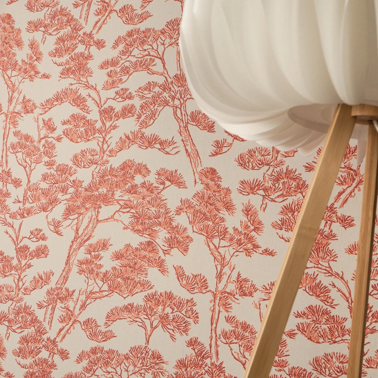 Non-woven wallpaper Lin Zen Branches beige red metallic asian - orange trees forest wallpaper branches 