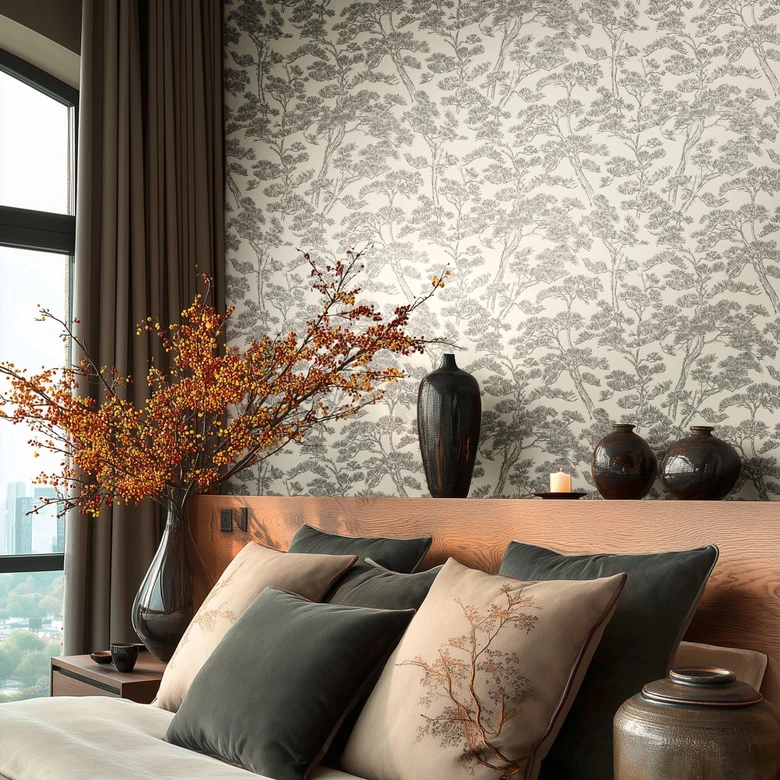 Vliestapete Lin Zen Branches weiß schwarz grau asiatisch - Bäume Waldtapete Äste Wohnzimmer 