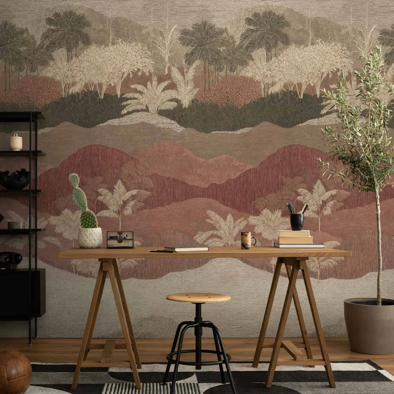 Fotobehang vlies landschap met bomen bruin crème rood mat uitrekbaar 1,59 x 2,80 m behang 