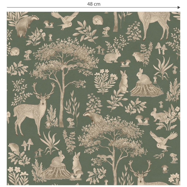 Mustertapete Bezaubernder Wald mit Tieren - Vintage grün - Kikki Belle 