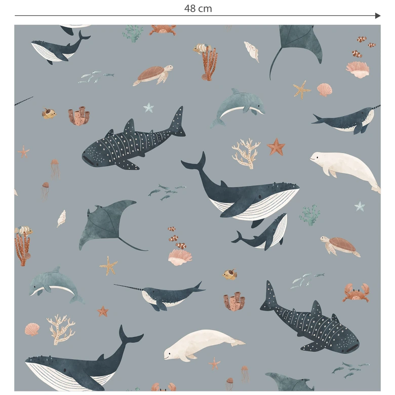 Mustertapete Maritime Unterwasserwelt – Wale und Meerestiere - Kikki Belle 