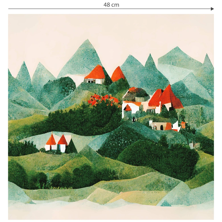 Papier peint à motifs Treechild - Petit village au milieu de collines verdoyantes 