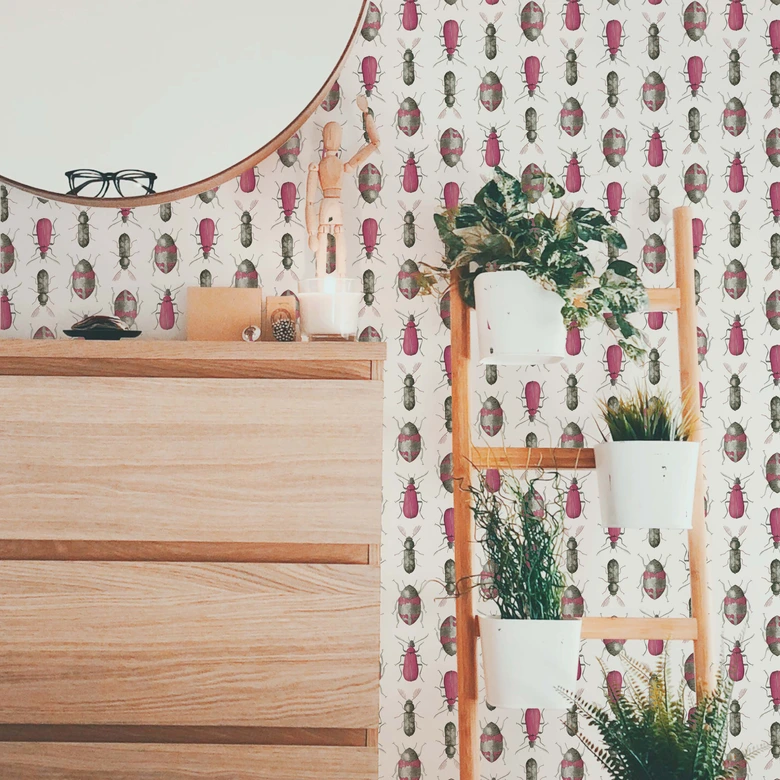 Mustertapete - Bunte Käfer - rosa 