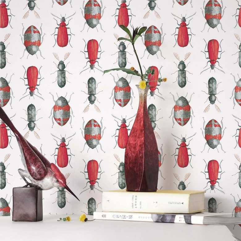 Mustertapete - Bunte Käfer - rot 
