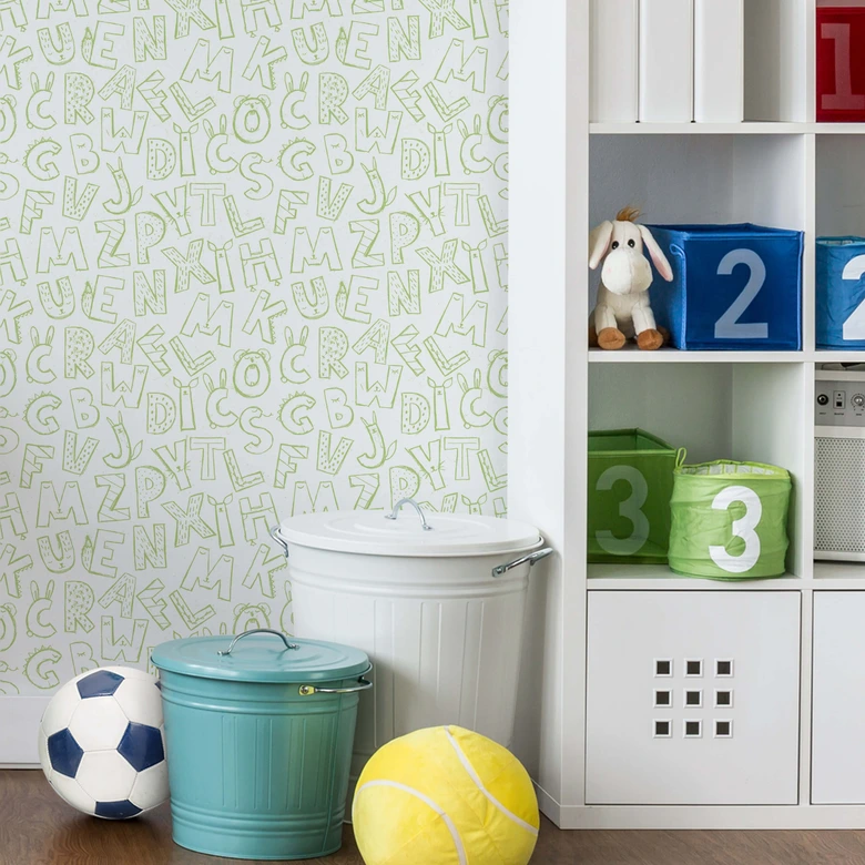 Patroonbehang – Kinderalfabet – groen 