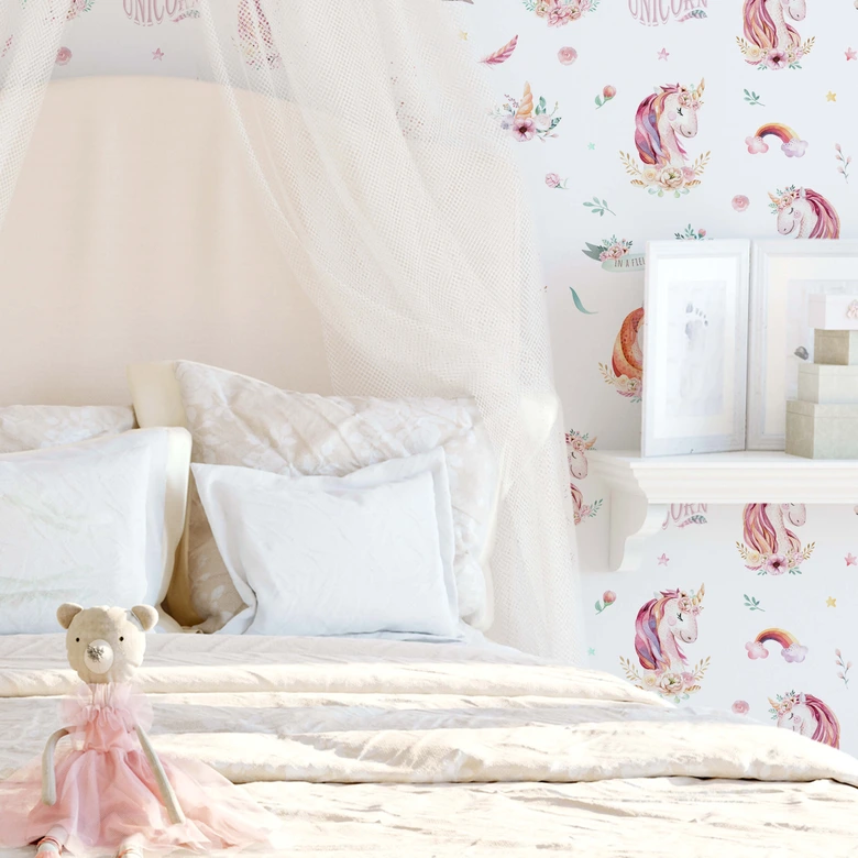 Mustertapete Kvilis - Einhorn - Banner und Blumen 