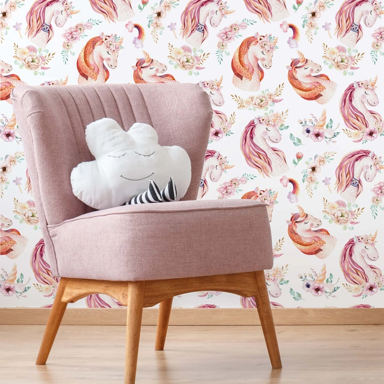 Papier peint à motifs Kvilis - Licorne - Couronne de fleurs 