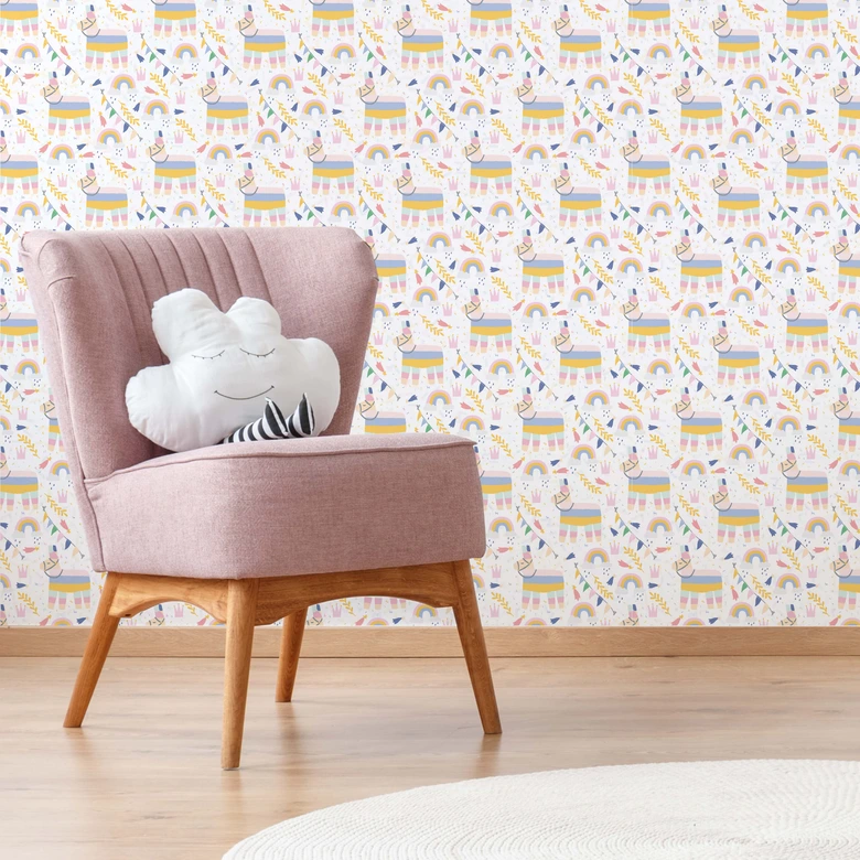 Papier peint à motifs - Lamas et arcs-en-ciel 